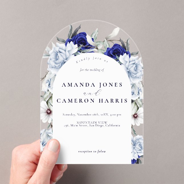 Elegant Dusty Blue Navy Floral Wedding Arch Acryleinladungen (Insitu (Handheld))