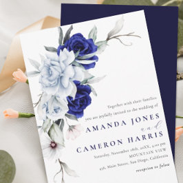 Elegant Dusty Blue Navy Floral Wedding Einladung
