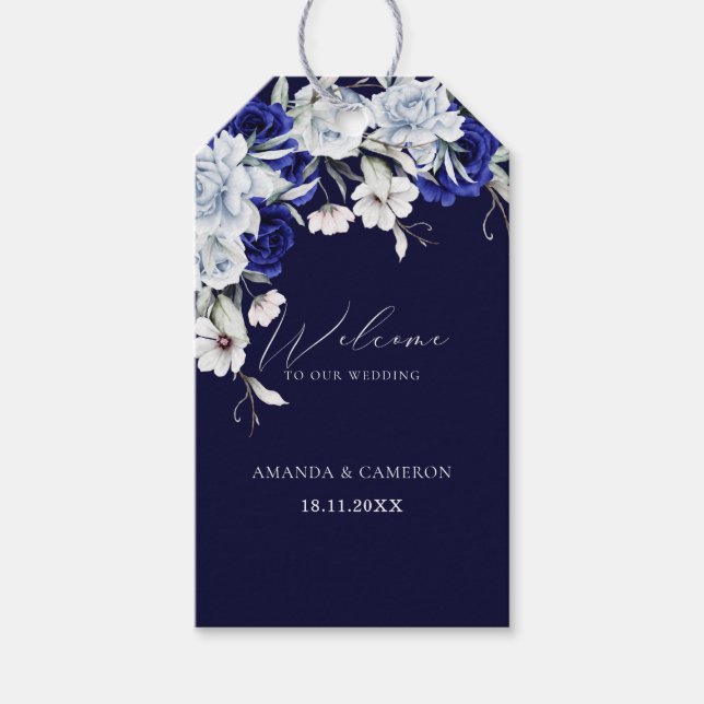 Elegant Dusty Blue Navy Floral Wedding Geschenkanhänger (Vorderseite)