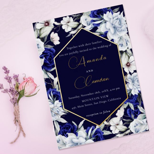 Elegant Dusty Blue Navy Floral Wedding Gold Folieneinladung (Von Creator hochgeladen)