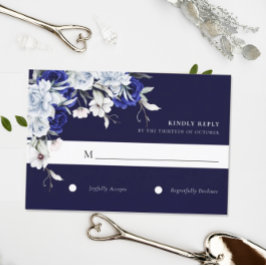 Elegant Dusty Blue Navy Floral Wedding RSVP Karte