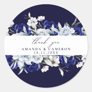 Elegant Dusty Blue Navy Floral Wedding Runder Aufkleber