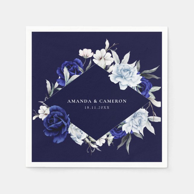 Elegant Dusty Blue Navy Floral Wedding Serviette (Vorderseite)