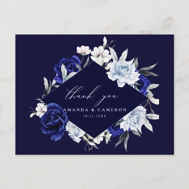 Elegant Dusty Blue Navy Floral Wedding Vielen Dank Postkarte (Vorderseite)