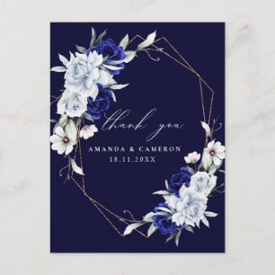 Elegant Dusty Blue Navy Floral Wedding Vielen Dank Postkarte