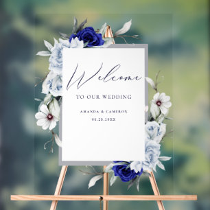 Elegant Dusty Blue Navy Floral Wedding Willkommen Acrylschild