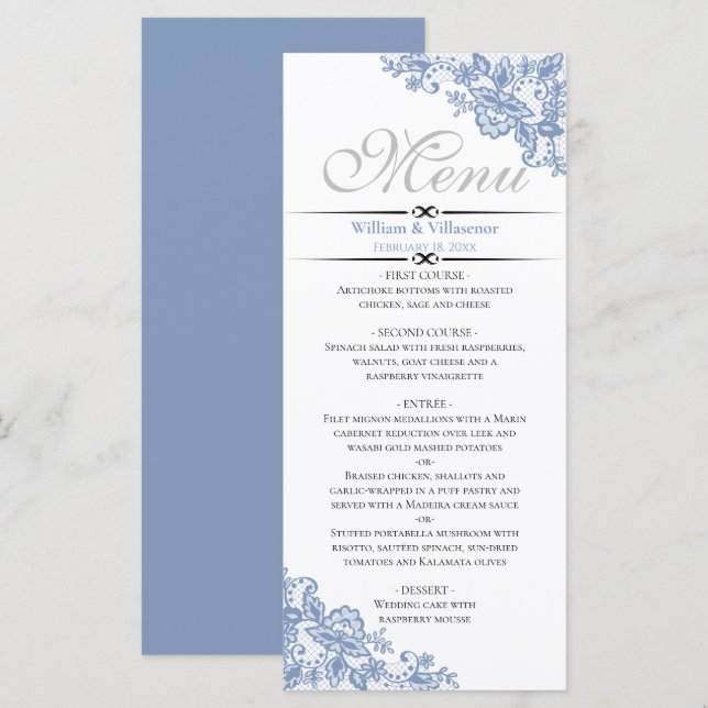 Elegant Dusty Blue on White Wedding Menu Menükarte (Vorne/Hinten)