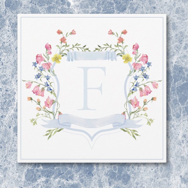 Elegant Dusty Blue Pastel Wildblume Wappen Wedding Dankeskarte (Elegant Dusty Blue Pastel Wildflower Crest Wedding Thank You Card)