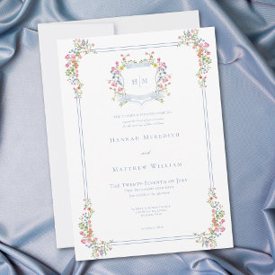 Elegant Dusty Blue Pastel Wildblume Wappen Wedding Einladung