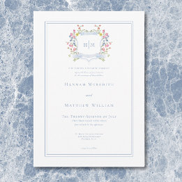Elegant Dusty Blue Pastel Wildblume Wappen Wedding Einladung