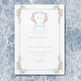 Elegant Dusty Blue Pastel Wildblume Wappen Wedding Einladung