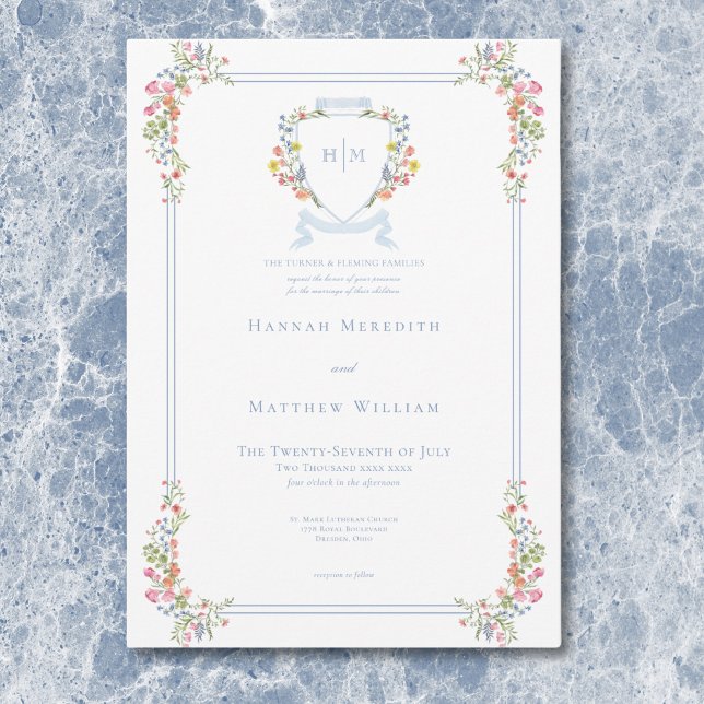 Elegant Dusty Blue Pastel Wildblume Wappen Wedding Einladung (Elegant Dusty Blue Pastel Wildflower Crest Wedding Invitation)