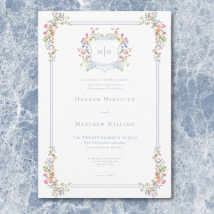 Elegant Dusty Blue Pastel Wildblume Wappen Wedding Einladung