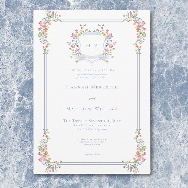 Elegant Dusty Blue Pastel Wildblume Wappen Wedding Einladung (Elegant Dusty Blue Pastel Wildflower Crest Wedding Invitation)