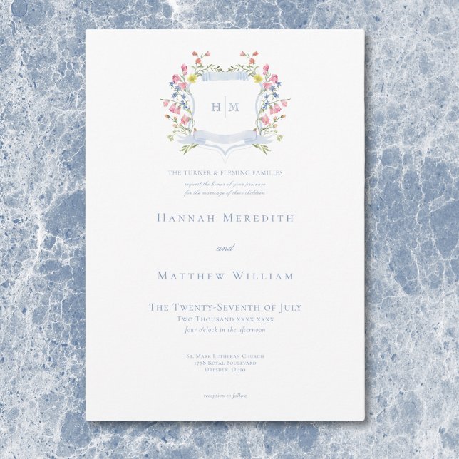 Elegant Dusty Blue Pastel Wildblume Wappen Wedding Einladung (Elegant Dusty Blue Pastel Wildflower Crest Wedding Invitation)