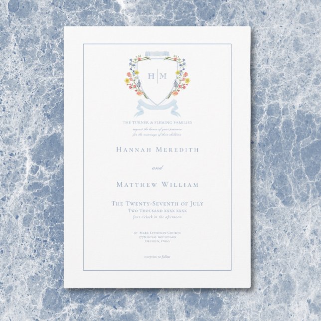 Elegant Dusty Blue Pastel Wildblume Wappen Wedding Einladung (Elegant Dusty Blue Pastel Wildflower Crest Wedding Invitation)