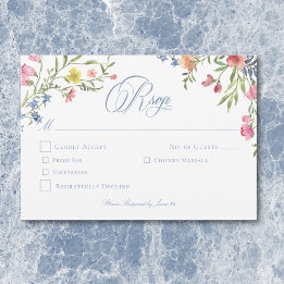 Elegant Dusty Blue Pastel Wildblume Wappen Wedding RSVP Karte