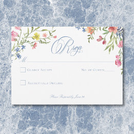 Elegant Dusty Blue Pastel Wildblume Wappen Wedding RSVP Karte