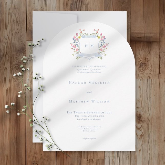 Elegant Dusty Blue Pastel Wildflower Crest Wedding Einladung (Von Creator hochgeladen)