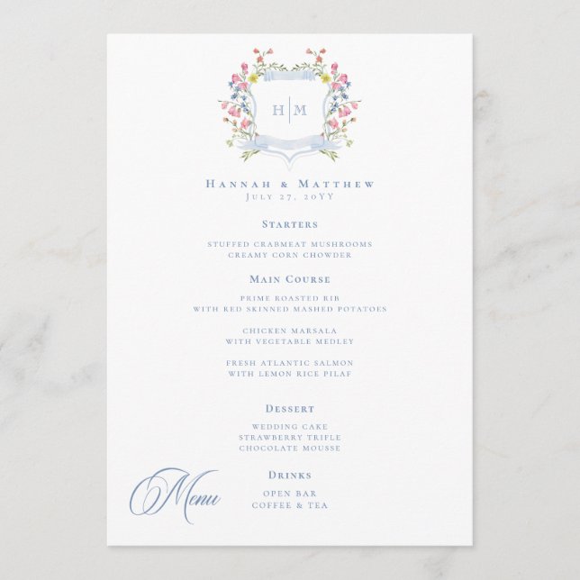 Elegant Dusty Blue Pastel Wildflower Crest Wedding Menükarte (Vorderseite)