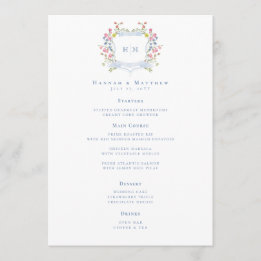 Elegant Dusty Blue Pastel Wildflower Crest Wedding Menükarte