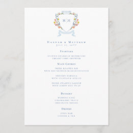 Elegant Dusty Blue Pastel Wildflower Crest Wedding Menükarte