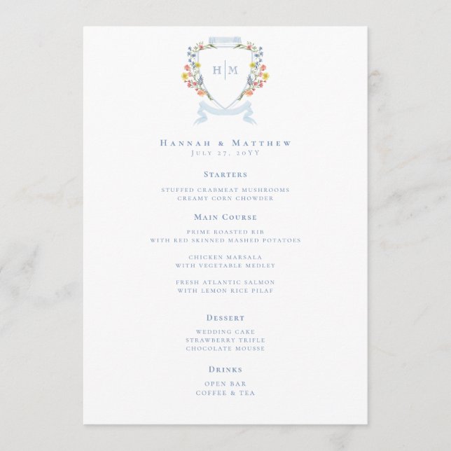 Elegant Dusty Blue Pastel Wildflower Crest Wedding Menükarte (Vorderseite)