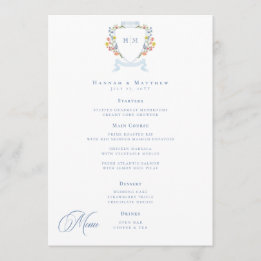 Elegant Dusty Blue Pastel Wildflower Crest Wedding Menükarte