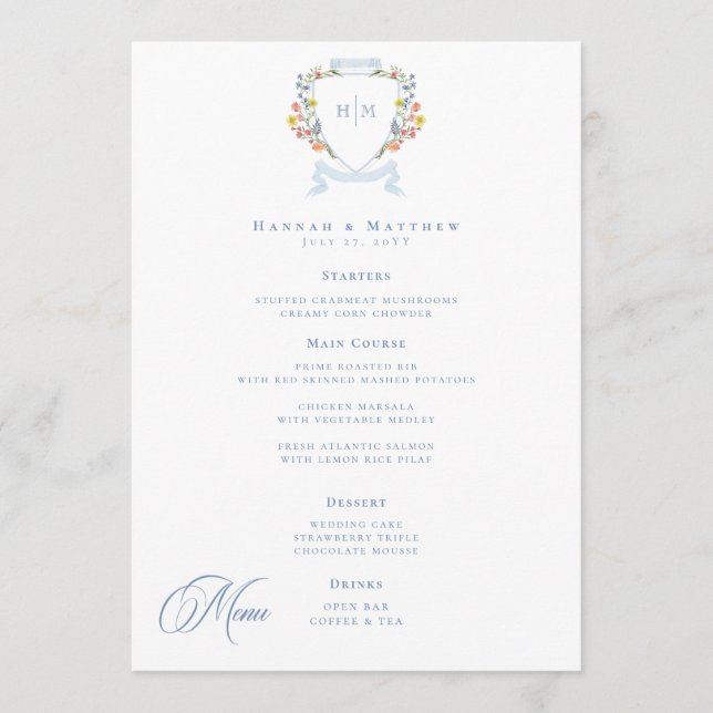 Elegant Dusty Blue Pastel Wildflower Crest Wedding Menükarte (Vorderseite)