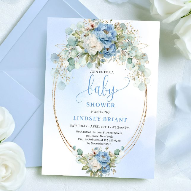 Elegant Dusty Blue Peonies Baby Shower Gold Invite Einladung (Elegant Dusty Blue Peonies Baby Shower Gold Invite)