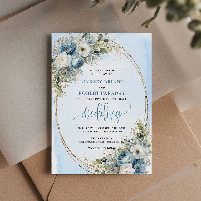 Elegant Dusty Blue Peony Floral Gold Glitter Invit Einladung (Elegant Dusty Blue Peony Floral Gold Glitter Invitation)