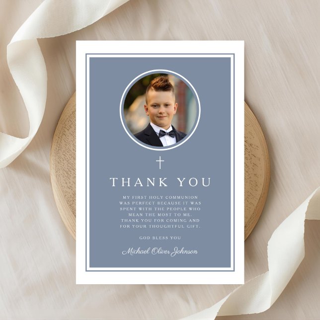 Elegant Dusty Blue Photo Boy First Communion Dankeskarte (Elegant Dusty Blue Photo Boy First Communion Thank You Card)