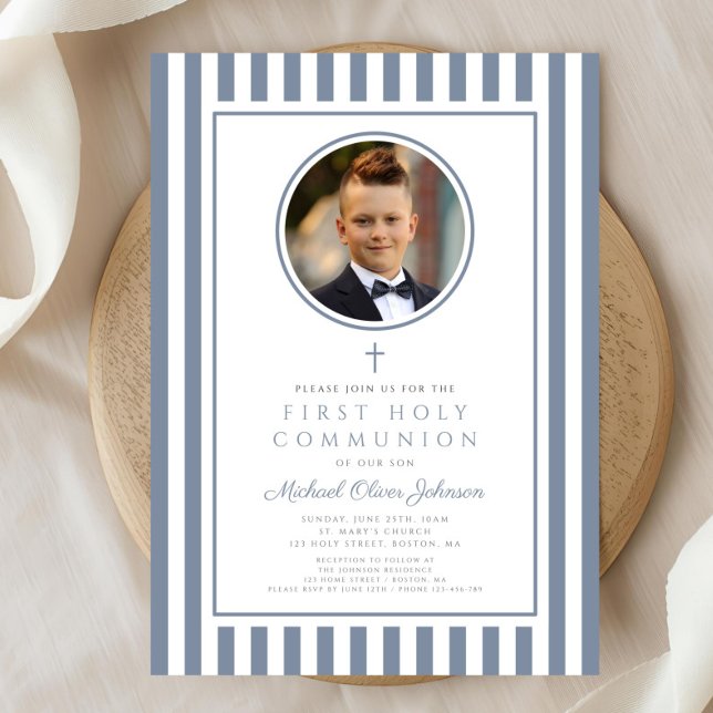 Elegant Dusty Blue Photo Boy First Communion Einladung (Elegant Dusty Blue Photo Boy First Communion Invitation)