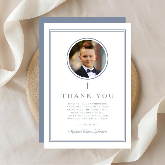 Elegant Dusty Blue Photo Boy First Holy Communion Dankeskarte (Elegant Dusty Blue Photo Boy First Holy Communion Thank You Card)