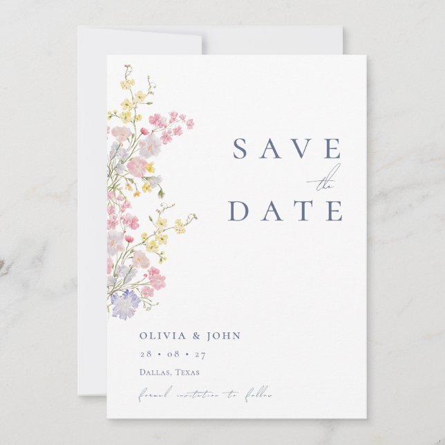 Elegant Dusty Blue Photo Wildflowers Wedding Save The Date (Vorderseite)