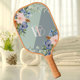 Elegant Dusty Blue Pink Floral Monogram Pickleball Schläger