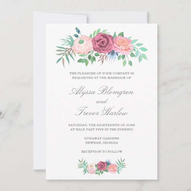 Elegant Dusty Blue Pink Floral Wedding Einladung (Vorderseite)