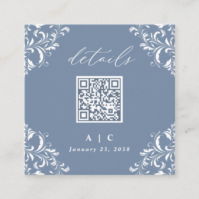 Elegant Dusty Blue QR Code Hochzeitdetails Begleitkarte (Vorderseite)