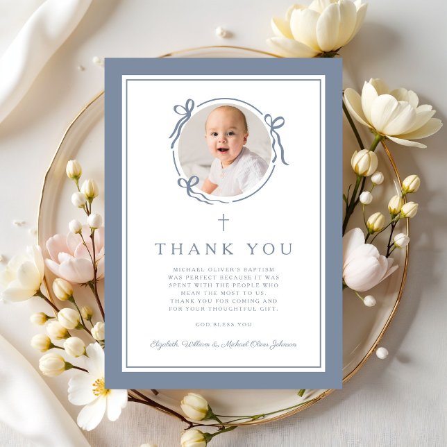 Elegant Dusty Blue Religious Baptism Photo Dankeskarte (Elegant Dusty Blue Religious Baptism Photo Thank You Card)