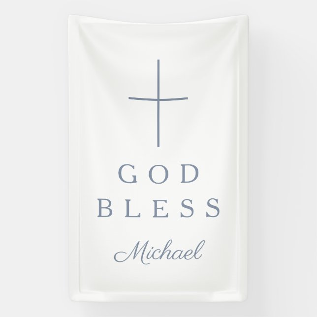 Elegant Dusty Blue Religious Cross Boy God Bless Banner (Vertikal)