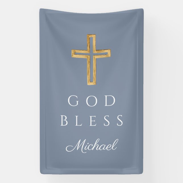 Elegant Dusty Blue Religious Cross Boy Gott segne Banner (Vertikal)