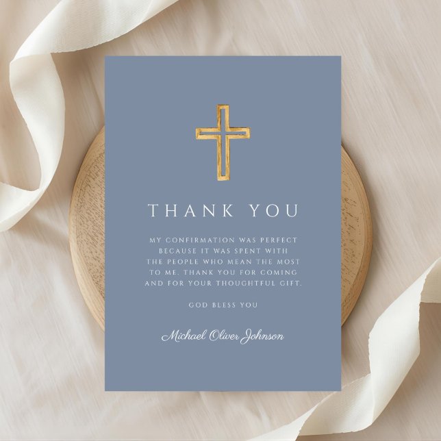 Elegant Dusty Blue Religious Cross Confirmation Dankeskarte (Elegant Dusty Blue Religious Cross Confirmation Thank You Card)