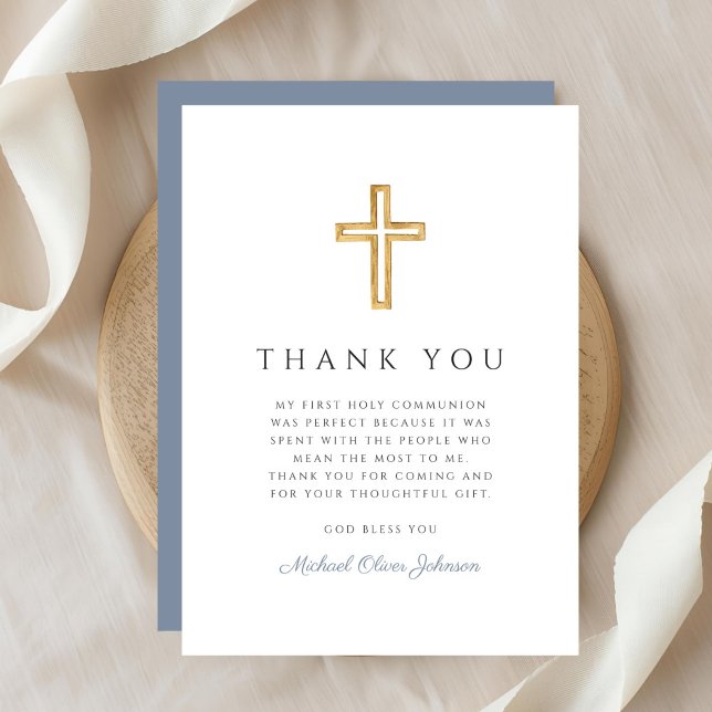 Elegant Dusty Blue Religious Junge Erste Kommune Dankeskarte (Elegant Dusty Blue Religious Boy First Communion Thank You Card)