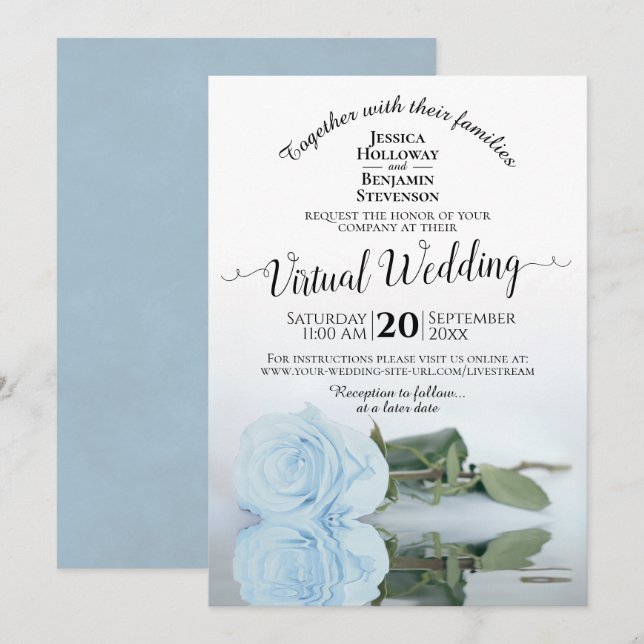 Elegant Dusty Blue Romantic Rose Virtual Wedding Einladung (Vorne/Hinten)