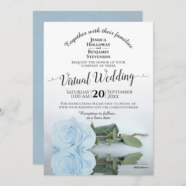 Elegant Dusty Blue Romantic Rose Virtual Wedding Einladung (Vorne/Hinten)