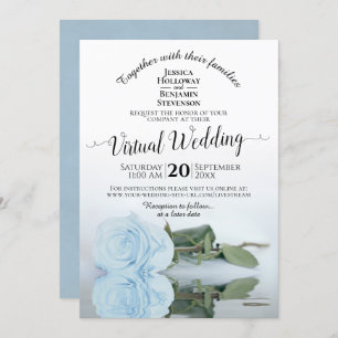 Elegant Dusty Blue Romantic Rose Virtual Wedding Einladung