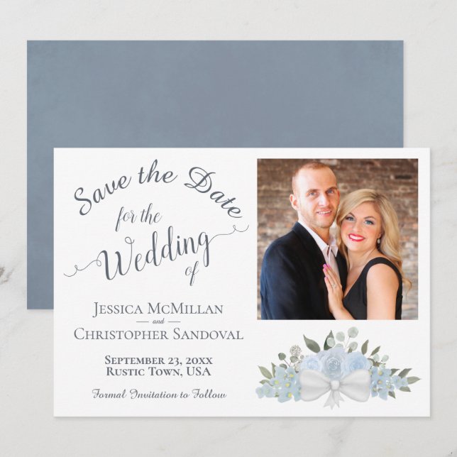 Elegant Dusty Blue Rose Calligraphy Foto Wedding Save The Date (Vorne/Hinten)