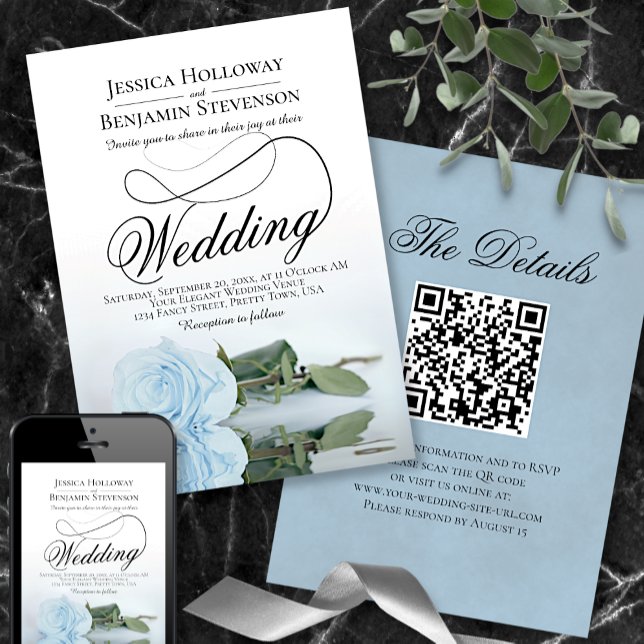 Elegant Dusty Blue Rose Script QR Code Wedding Einladung (Von Creator hochgeladen)