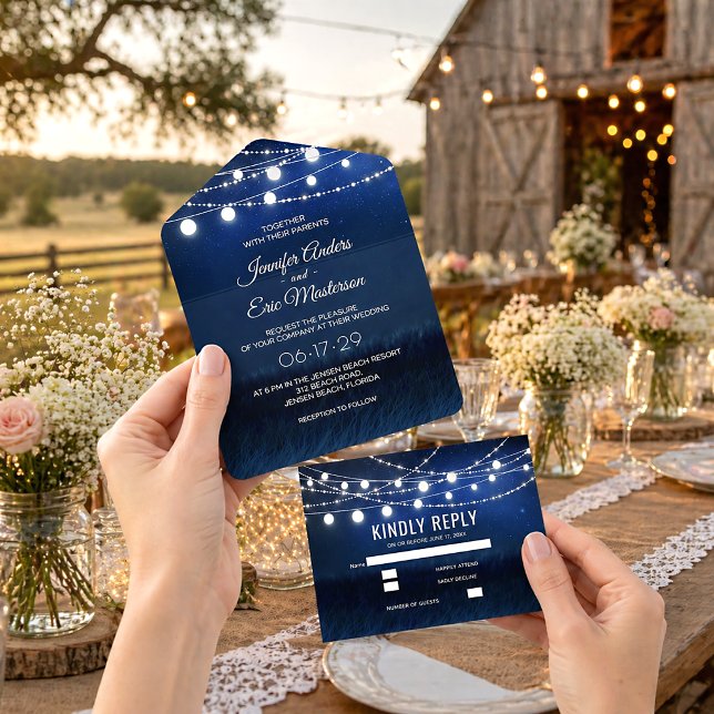 Elegant Dusty Blue Rustic String Lights Wedding All In One Einladung (Von Creator hochgeladen)