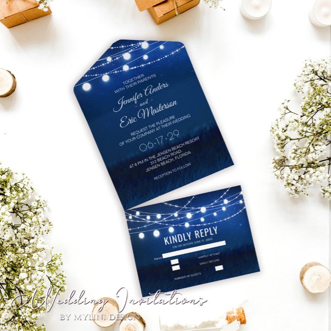 Elegant Dusty Blue Rustic String Lights Wedding All In One Einladung (Von Creator hochgeladen)